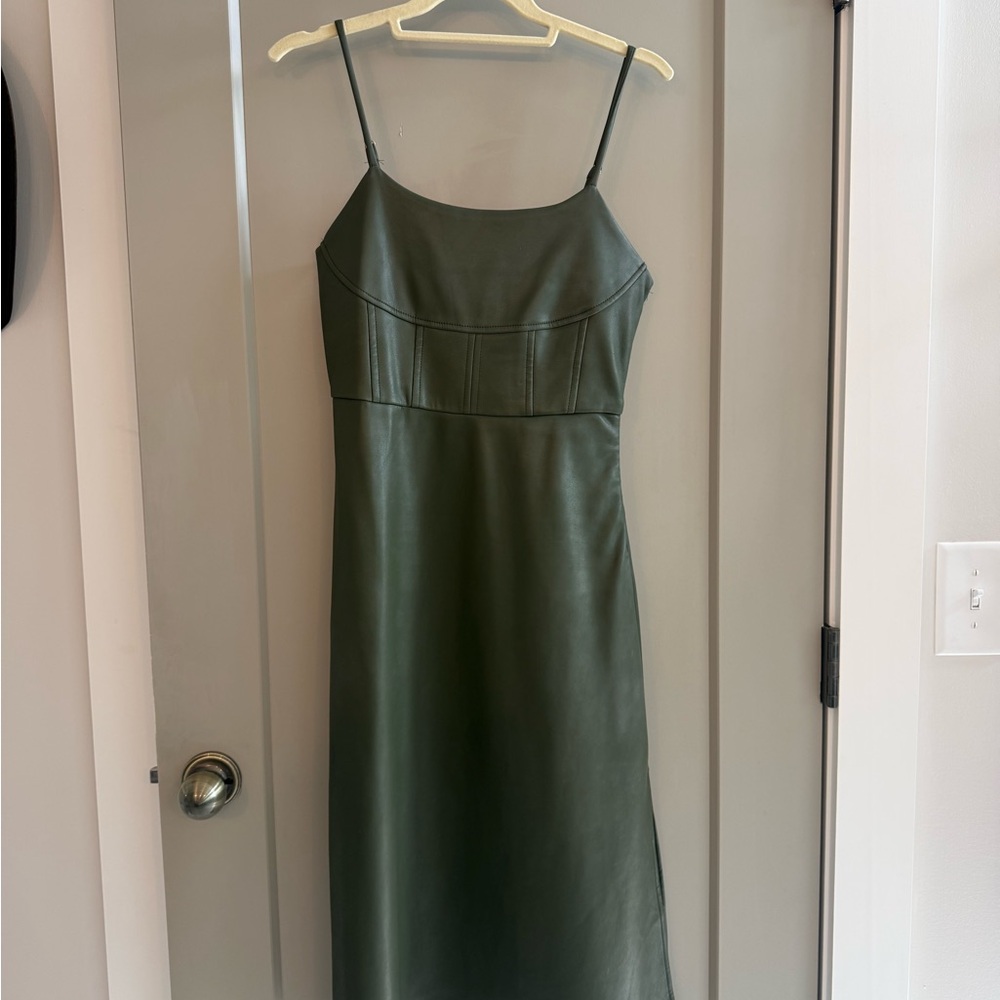 Olive Green Faux Leather Midi Dress